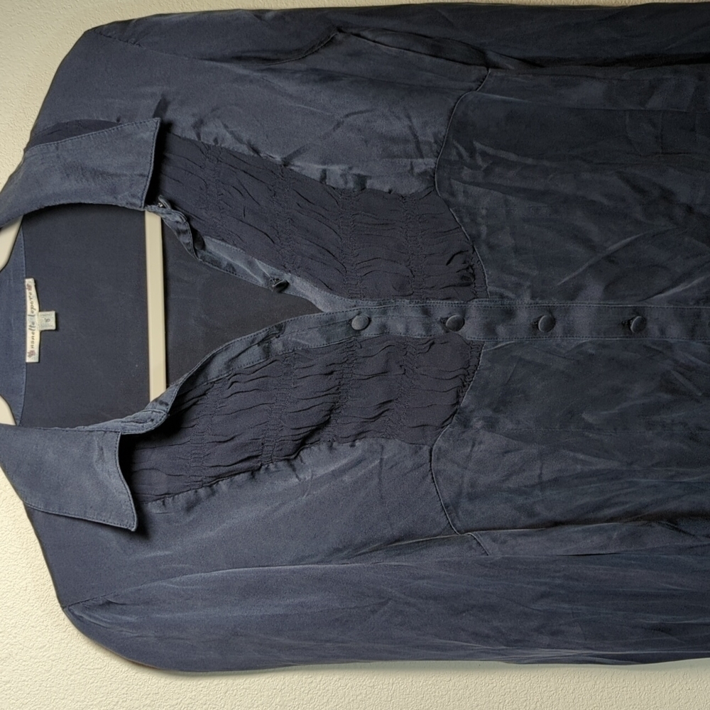 Nanette Lepore Silk Button Down Blouse Women's 8 Navy Blue Shirt Top